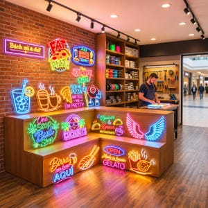May include: A collection of colorful neon signs displayed on a wooden counter and brick wall. The signs feature various designs including food, drinks, wings, and text such as Fat Pizza, One Stop Bud Shop, Coconuts, and Open Made in house Gelato.