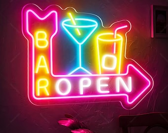 Bar Open Neon Sign, Open Sign Wall Decors,Open Arrow Neon Sign,Restaurant Bar Sign,Light Up Bar Sign For Husband, Father Gifts