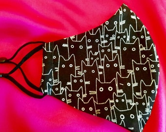 Night Cats,  Les Chats Noir, Three Layer Cotton Facemask