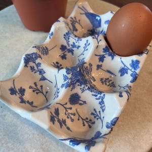 Handmade Blue Botanical Egg Holder | Jesmonite Resin Kitchen Tray | free gift