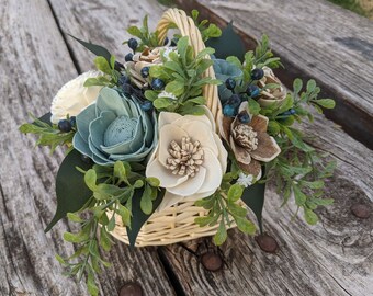 Small Mother's Day Blue Berry Flower Basket/Sola Wood Centerpiece/Bouquet/Anniversary/Woodland baby shower/sola flower arrangement
