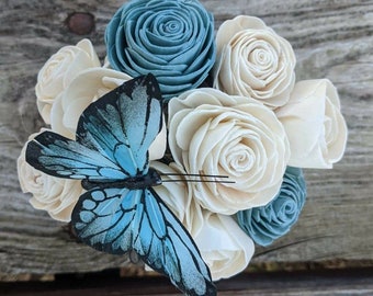 Blue Butterfly Sola Wood Centerpiece/Farmhouse Arrangement in metal pitcher/Sola Wood Bouquet/Mother's Day Wood Flower Decor/Farmhouse decor