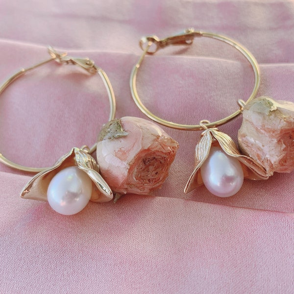 Vintage Rose/Pearl Hoop Gold Earrings, 4in1 Dried Real Earring, Pink, White, Fuchsia Rose with Pearl Floral, Gift for Her! Made in USA!