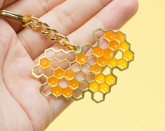 Honeycomb Stained Glass Keychain | Enamel Keychains | Rainbow Keychains | Yellow Keychains | Honeycomb Keychain | Stained Glass Keychain