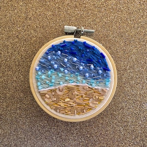 Small Embroidery Abstract Beaded Ocean Sea Art