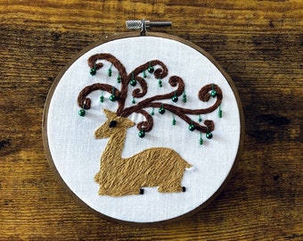 Peaceful Little Winter Holiday Deer Embroidery with Green Bead Baubles