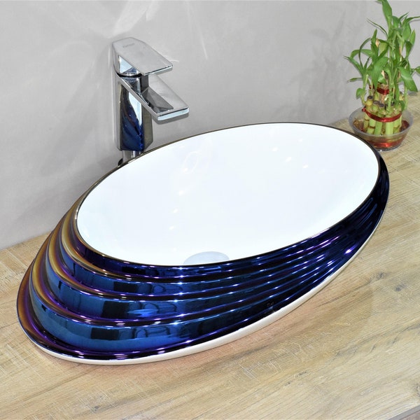 Blue and White Vessel Bathroom Sink Etsy