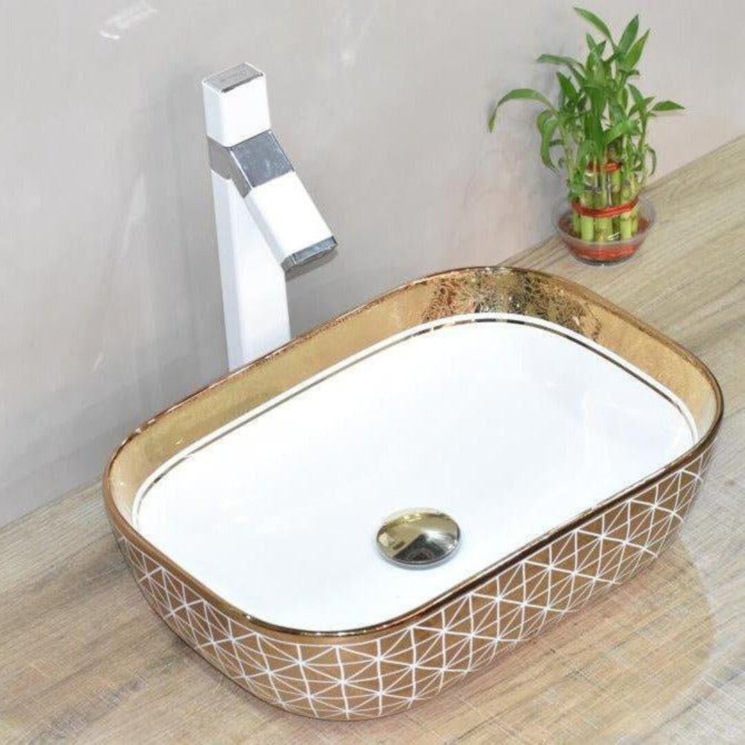 Inart Rectangle Bathroom Ceramic Vessel Sink Art Basin in Gold - Etsy