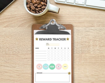 May include: A printable reward tracker chart with a brown clipboard, a gold star on each side of the title "REWARD TRACKER", and a blank space for a reward at the bottom. The chart has columns for each day of the week and rows for each week of the month. There are five colored circles at the bottom labeled "Rest", "Better", "Good", "Bad", and "Worst".