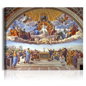 May include: A Renaissance-era fresco painting depicting a scene of the Last Judgement. The painting features a large group of people, including saints, angels, and the resurrected dead. The central figure is Jesus Christ, who is seated on a throne and surrounded by angels. The painting is set against a backdrop of clouds and a golden sky.