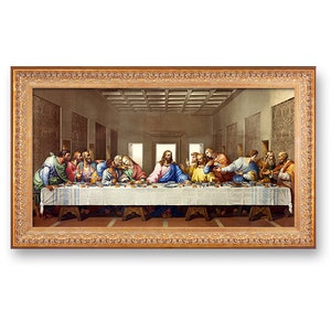 May include: A painting depicting The Last Supper, a famous Renaissance artwork by Leonardo da Vinci. The painting shows Jesus Christ and his 12 disciples gathered around a table, with a window in the background.