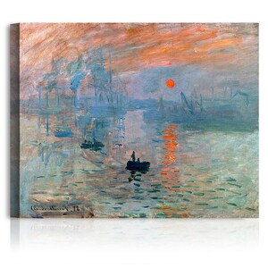 May include: A painting of a sunrise over a harbor with a red sun and a boat in the water. The painting is done in a style that is reminiscent of Impressionism.