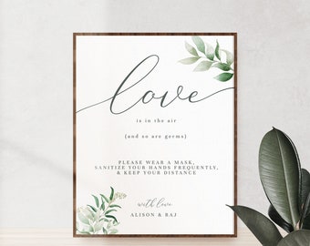 Love Is In The Air And So Are Germs Sign Template - Eucalyptus  |  Social Distancing Wedding Poster, Boho Greenery Printable Signage