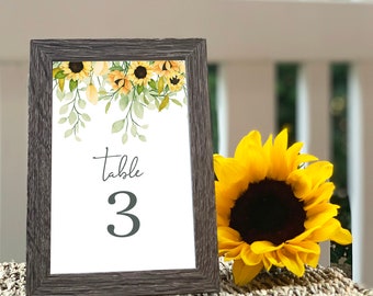 Table Numbers Template - Sunflower  |  Rustic Wedding Table Number Cards, Printable Table Number Signs, Editable Template, Instant Download
