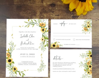 Sunflower Wedding Invitation Template Set  |  Rustic Wedding Invitation Suite, Printable Wedding Bundle, Editable Yellow Wedding Invite