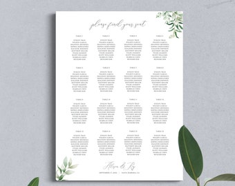 Seating Chart Template - Eucalyptus  |  Printable Greenery Wedding Seating Plan, Boho Wedding Seating Chart Board, Find Your Seat Sign