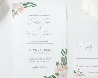 Blush Pink Wedding Invitation Template Set  |  Blushing Blooms Invitation Suite, Printable Wedding Bundle, Editable Floral Wedding Invite