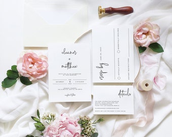 Wedding Invitation Template Set - Modern Minimalist  |  Calligraphy Invitation Suite, Printable Wedding Invite Bundle, RSVP Card, Details