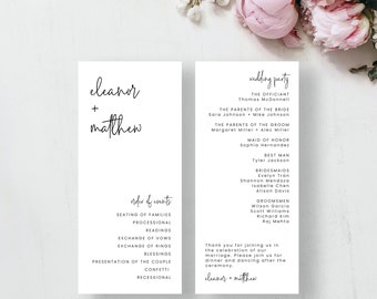 Wedding Program Template - Modern Minimalist  |  Printable Ceremony Program, Order of Events, Wedding Timeline, Editable Order of Service