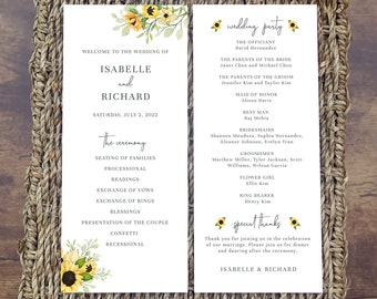 Wedding Program Template - Sunflower  |  Printable Rustic Wedding Program, Order of Service, Yellow Ceremony Program, Instant Download