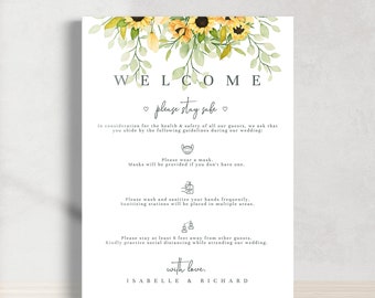 Social Distancing Sign Template - Sunflower  |  Rustic Wedding Welcome Poster, Printable COVID Safety Guidelines, Instant Download
