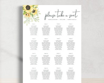 Seating Chart Template - Sunflower  |  Rustic Wedding Seating Plan, Custom Find Your Seat Sign, Printable Seating Arrangement Poster