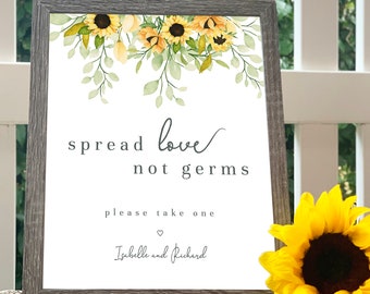 Spread Love Not Germs Sign Template - Sunflower  |  Social Distancing Wedding Poster, Hand Sanitizer, Masks Available, Rustic Wedding Sign