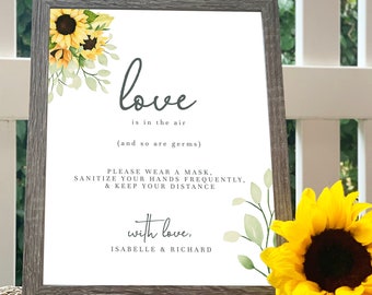 Love Is In The Air And So Are Germs Sign Template - Sunflower  |  Social Distancing Wedding Poster, Rustic Wedding Printable Signage