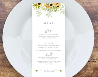 Wedding Menu Template - Sunflower  |  Printable Wedding Menu Cards, Rustic Barn Wedding Menu, Editable Yellow Wedding Menu, Instant Download