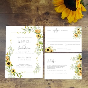 Sunflower Wedding Invitation Template Set  |  Rustic Wedding Invitation Suite, Printable Wedding Bundle, Editable Yellow Wedding Invite