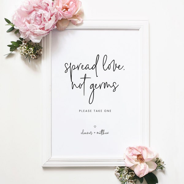 Spread Love Not Germs Sign Template - Modern Minimalist  |  Social Distancing Wedding Sign, Hand Sanitizer, Masks Available, Custom Poster