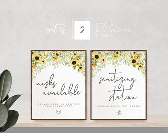 Social Distancing Wedding Sign Templates - Sunflower  |  Masks Available, Sanitizing Station, Set of 2 Printables, Instant Download
