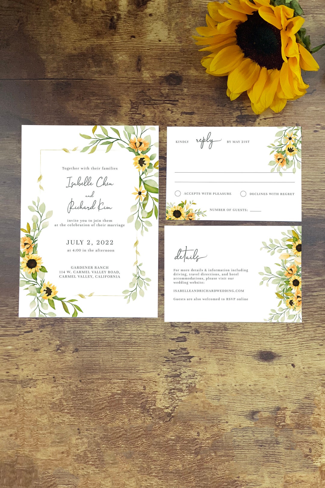 Sunflower Wedding Invitation Template Set Rustic Wedding Invitation