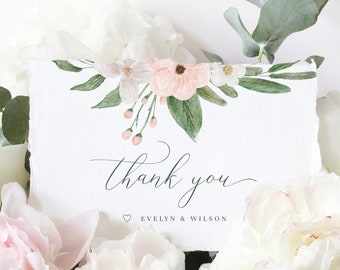 Thank You Card Template - Blushing Blooms  |  Instant Download, Printable Thank You Cards, Blush Wedding Thank You Note