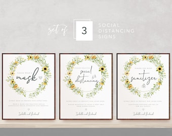 Social Distancing Wedding Sign Templates - Sunflower  |  Wear a Mask, Social Distance, Use Hand Sanitizer, Set of 3 Printable Signs