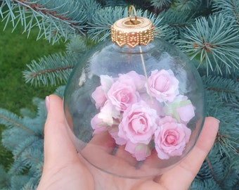 Floral Christmas bauble, clear glass ball hanging ornament with roses, boho Xmas decoration, unique holiday home gift, rose botanical accent