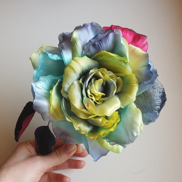 Large Rose brooch, colorful silk flower pin, wedding corsage pin, floral linen jewelry, groomsmen boutonniere