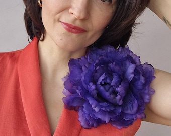 Dark purple flower brooch, lilac floral pin, large peony brooch, wedding corsage pin, statement fabric flower for dress, prom accessory