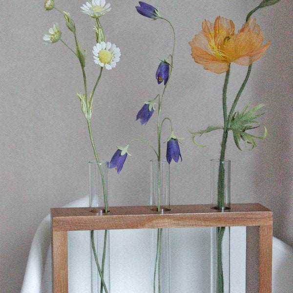 Glass & wood decor, wooden plant stand, artificial flower in test tube vase, indoor fairy garden, faux planter, botanical terrarium