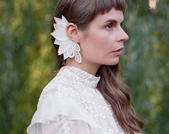White leaves ear climber, silk wedding earrings for brides boho, statement ear cuff, textile lace earrings large, fake leaf ear crawler