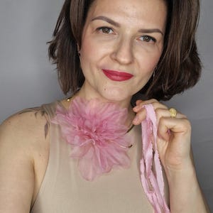Silk Flower Choker Necklace in Pink, 2-in-1 Brooch and Necklace, Handmade Floral Accessory for Women, Romantic Gift, Fabric Flower Jewelry