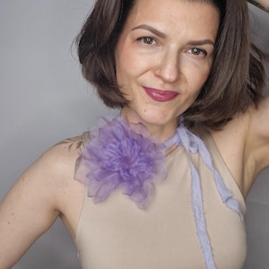 Silk flower choker necklace, lavender statement neck accessory, soft fabric floral tie choker, romantic gift for her, handmade jewelry