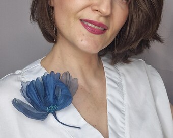 Premium Blue Flower Brooch, Textile Fashion Accessory, Organza Floral Brooch, Wedding Guest Accessory, Mother's Day gift for Mom from Son