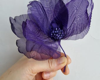 Purple Organza Flower Brooch, Elegant Fabric Bloom Pin, Unique Mother's Day Gift for Mom form Son, Minimalist Floral Jewelry, Textile Brooch