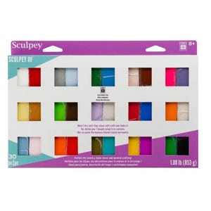 May include: A box of Sculpey III polymer clay containing 30 pieces in a variety of colours. The box has a purple and white background with the text "Sculpey III" and "Won't dry out! Clay stays soft until you bake it." The box also includes the text "30 pc/pz" and "1.88 lb (853 g)".