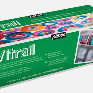 May include: A green and white box of Vitrail paint for decorating glass and transparent surfaces. The box features the brand name "pebeo" and colorful circular designs. The box also includes text in multiple languages.