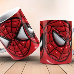 Sublimations-Keramikbecher. 3D-Illustration mit aufgeblasenem Effekt. Spider Man