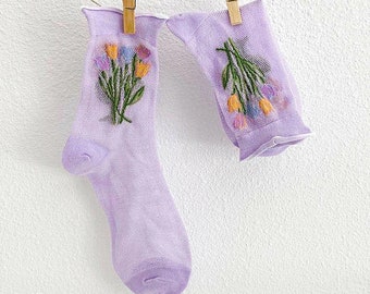 Mesh Fishnet Flower Embroidered Cotton Casual Crew Socks for Women | Pride Socks | Sheer Tulle Socks | Transparent Socks | Christmas Gifts