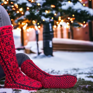 Hand Knitted Long Wool and Acrylic Socks with Pom-Pom - Festive Red and Black - Unique Gift