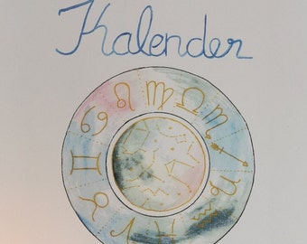 May include: A watercolour painting of a calendar with a circle in the centre. The circle is filled with a constellation of stars and the zodiac signs in gold.